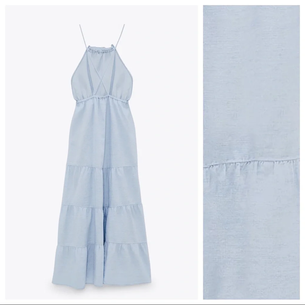 NWT. Zara Light Blue Linen Blend Midi Dress. Size L. - Picture 5 of 8
